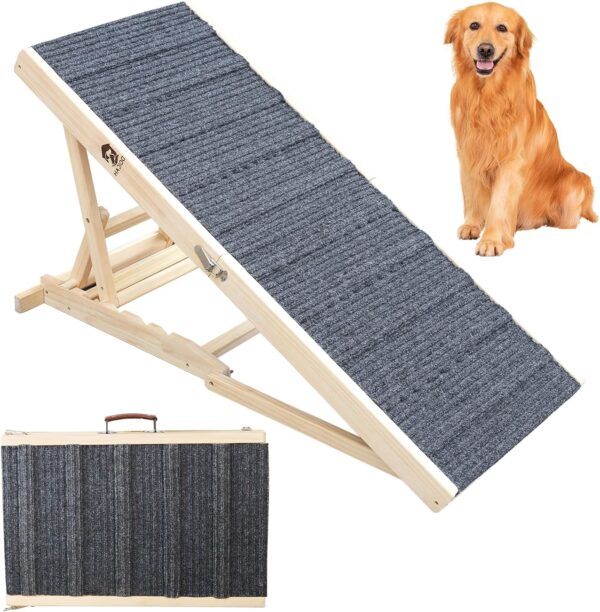 Dog Ramp for Bed, Adjustable Pet Ramp for Couch, 47.2" Length Dog Ramp for High Bed, Wooden Folding Portable Dog car ramp Non Slip Carpet Surface 4 Adjustable Height 0"-24" (Warm White, 50cm Width)