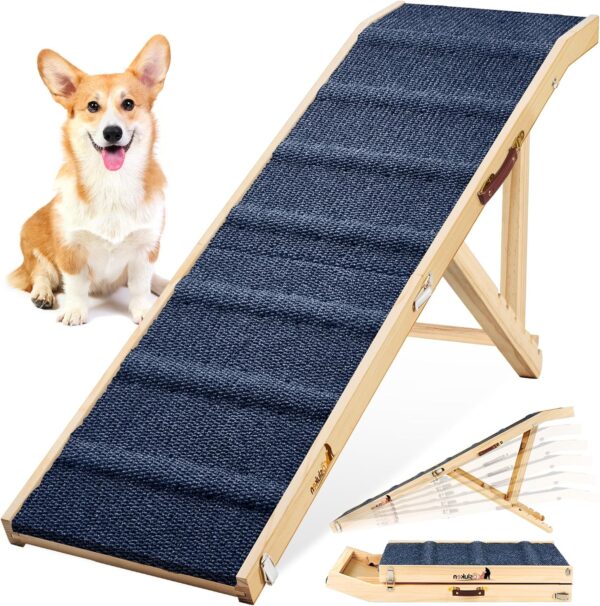 Dog Ramp for Bed, Long 64" * Wide 17" Foldable Pet Ramp for Small Large Dogs Cats, Dog Ramps for High Beds Car, High Traction with Platform 6 Adjustable Heights 24" to 30" Up to 220LBS