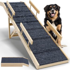 Dog Ramp for Bed,Extra Long 64" Folding Pet Ramp Adjustable Height 24" to 30" Wooden Dog Ramp for Small Large Dogs to Get on Bed,Dog Bed Ramp Portable Pet Ramp for Couch,Car, Bed