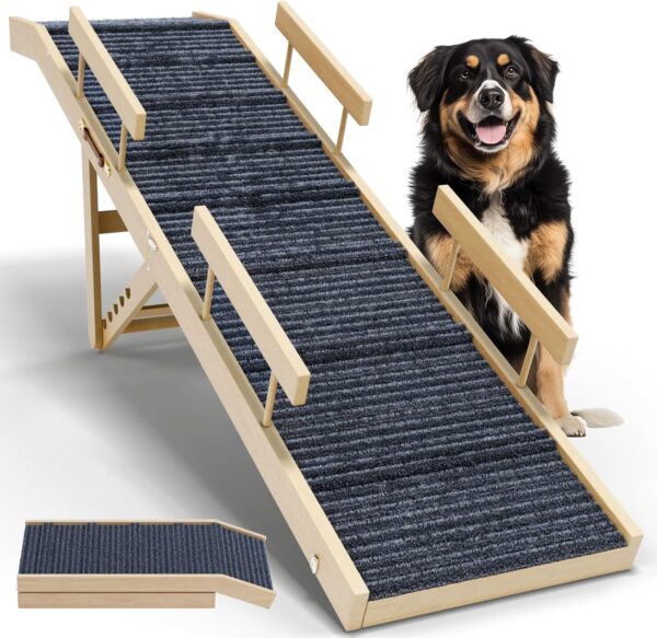 Dog Ramp for Bed,Extra Long 64" Folding Pet Ramp Adjustable Height 24" to 30" Wooden Dog Ramp for Small Large Dogs to Get on Bed,Dog Bed Ramp Portable Pet Ramp for Couch,Car, Bed