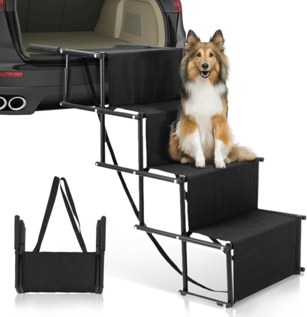 Dog Stairs for Car, Foldable Ramps for Dogs with Non-Slip Surface, Lightweight Aluminum, Portable Pet steps for Truck, Car, SUV