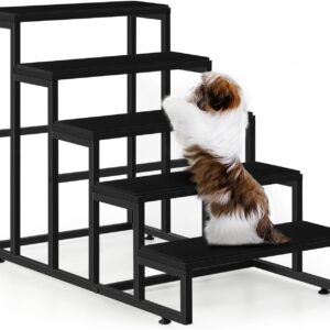 Dog Stairs for High Beds 5 Tier Dog Steps Black Pet Steps Stairs Ramps with Non-Slip Stair Tread for Puppy, The Old, and Injured Dogs Cats