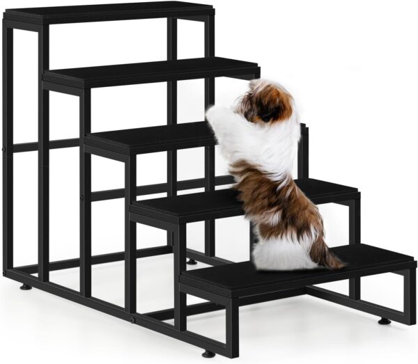 Dog Stairs for High Beds 5 Tier Dog Steps Black Pet Steps Stairs Ramps with Non-Slip Stair Tread for Puppy, The Old, and Injured Dogs Cats