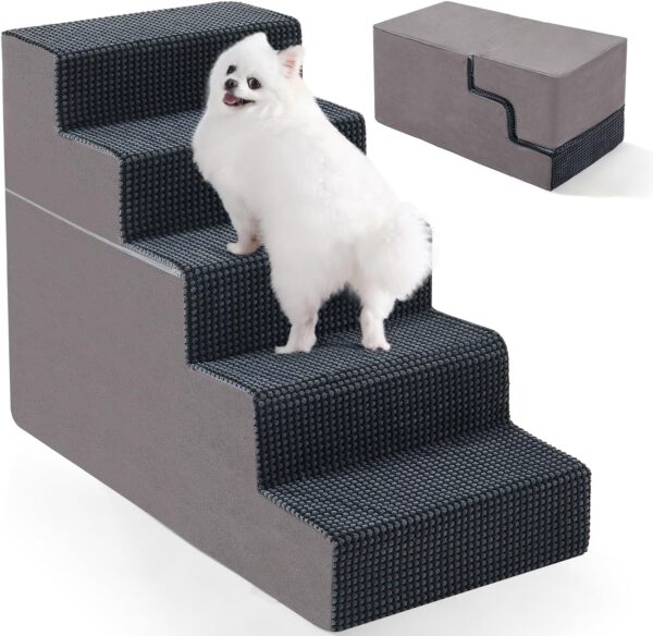 EASYSOAR 5-Step Pet Stairs, 22.5'' Height Dog Stairs for High Beds, Non-Slip Bottom Dog Steps for Small Dogs and Cats, Indoor Dog Ramp for Bed, Grey