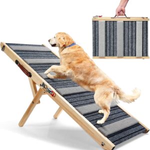 Essenhome 43.5" Long Adjustable Dog Ramps,Folding Portable Pet Ramp,Rated for 100 Lbs,Adjustable Elasticated Metal Buckle Dog Ramp with Non-Slip Traction Mat,Pet Ramp for Couch,Car,Bed