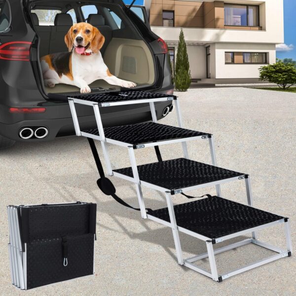 Extra Wide Dog Stairs for Large Dogs Car, Lightweight Aluminum Dog Ramps Steps Foldable Pet Stairs, 4 Steps Pet Ramp with Nonslip Surface for High Beds, Trucks, Cars and SUV, Supports up to 200 lbs