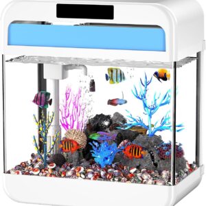 Fish Tank Aquarium 2.2 Gallon with Adjustable 3 Color Light Bead Self Cleaning 3 in 1 Pump with Filteration, Oxygenation, Water Circulation Triple Function, HD Heat Bending Glass, Leak-Proof Base