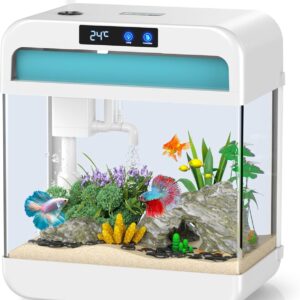 Fish Tank Aquarium 3 Gallon with Humidifier 7 Color Auto-Looping Light Self Cleaning 3 in 1 Water Pump with Filteration & Oxygenation & Circulation, Temperature Display, HD Float Glass, Thickened Base