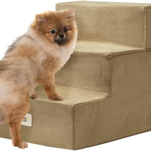 Friends Forever Milo Folding Dog Stairs for Indoor, Premium Foam Pet Steps, Safe, Comfortable Ladder, Helpful Ramp for Smaller and Older Pets, Machine Washable Removable Cover, 3 steps, Khaki