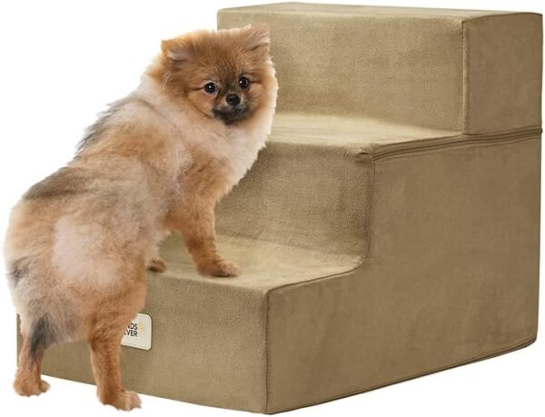 Friends Forever Milo Folding Dog Stairs for Indoor, Premium Foam Pet Steps, Safe, Comfortable Ladder, Helpful Ramp for Smaller and Older Pets, Machine Washable Removable Cover, 3 steps, Khaki