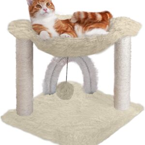 Furhaven Tiger Tough Small Cat Tree Plush Hammock Playground w/Toys & Self-Grooming Brush - Cream, One Size