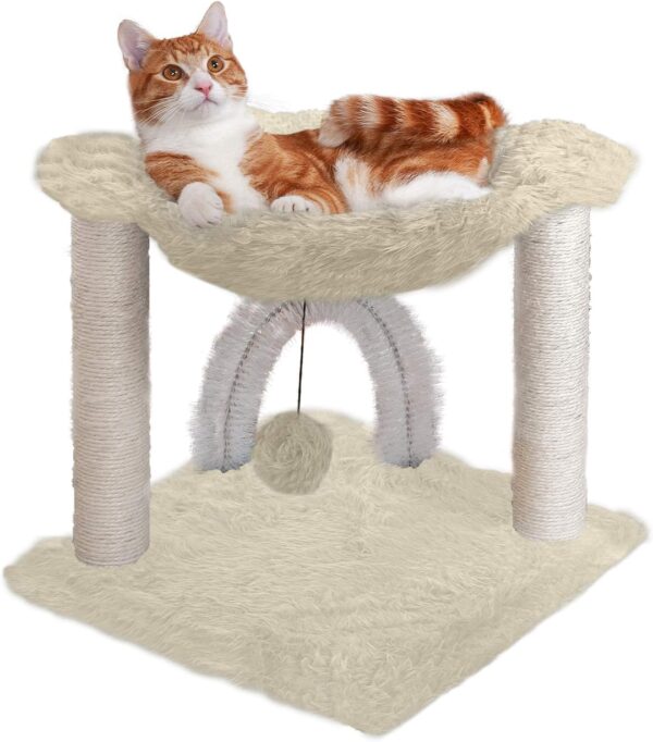 Furhaven Tiger Tough Small Cat Tree Plush Hammock Playground w/Toys & Self-Grooming Brush - Cream, One Size