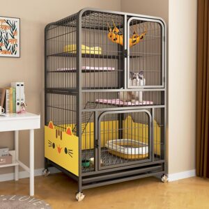 GUAWJRZDP Cat Enclosures, Multi-layer Cat Cage, Cat Playpen, Large Cat Cage, with Heightened Baffle, with Foot Pad, Pet Playpen, with 4 Wheels, with Hammock And Ladder, for 1-4 Cats(Color:Black,Size:3