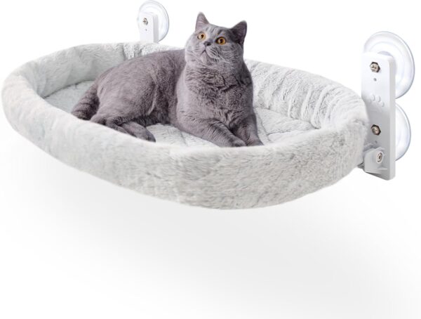 GUUSII HOME Cat Hammock Window Perch Foldable Hanging Bed Windowsill Seat Large Cats Shelf with Strong Suction Cups Kitty Lounger Reversible Cover 53 * 30cm Hold Up to 18kg Easy to Assemble(Grey)