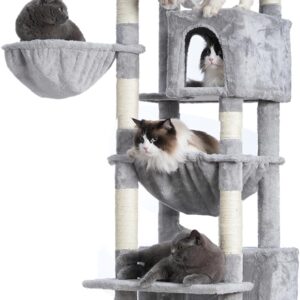 Gitelsnour Cat Tree for Indoor Cats Large Adult, Tall Cat Tree with Large Platforms,cat condo，Cat Tower with 8 Cat Scratching Posts,cat Hammock,Light Gray GCT030-MG