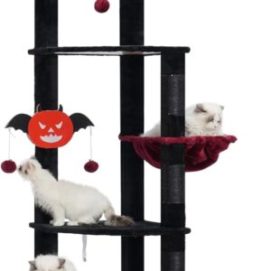 Hebly Cat Tree 92.5-104.3 Inches with Hammock, Floor to Ceiling Gothic Cat Condo,Tall Cat Climbing Tower Adjustable with Scratching Posts for Indoor Cats Black Red HCT091BR