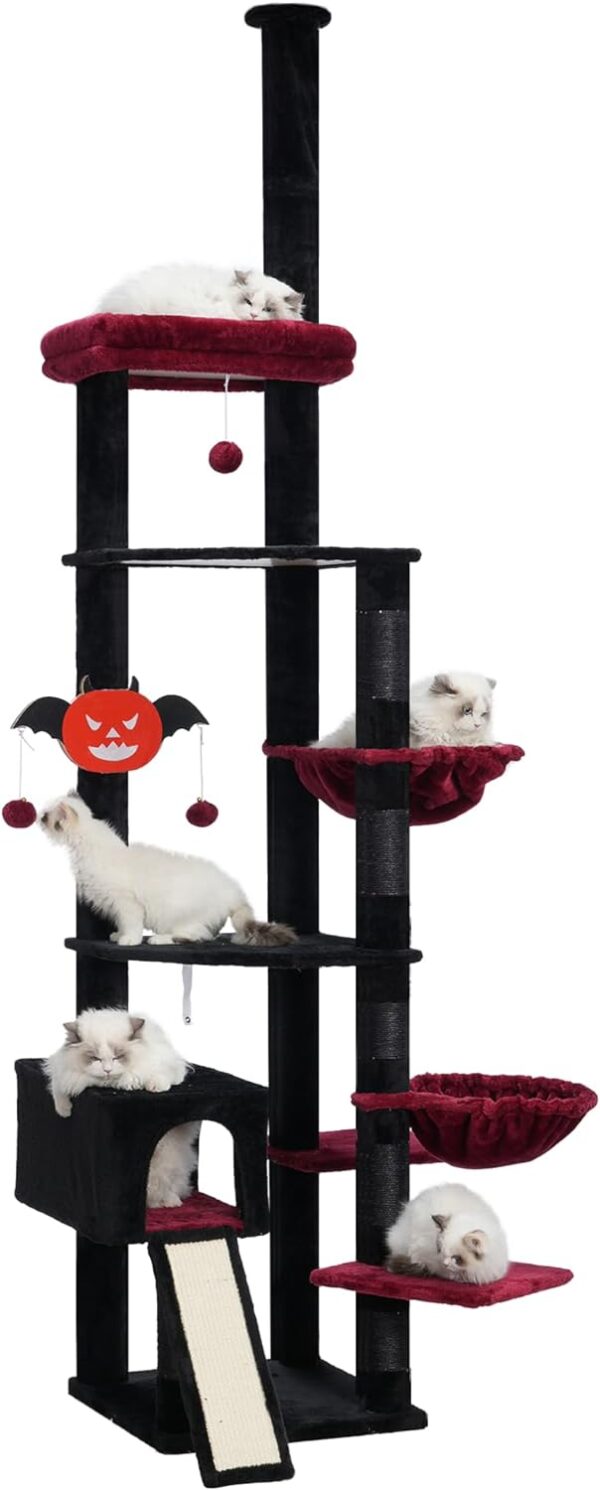 Hebly Cat Tree 92.5-104.3 Inches with Hammock, Floor to Ceiling Gothic Cat Condo,Tall Cat Climbing Tower Adjustable with Scratching Posts for Indoor Cats Black Red HCT091BR