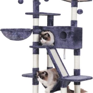 Hey-brother Cat Tree, 61 inch Cat Tower for Indoor Cats, Cat House with Padded Platform Bed, Toy Balls, Large Cozy Condo, Hammocks and Sisal Scratching Posts, Smoky Gray MPJ019G