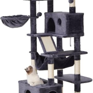 Hey-brother Cat Tree, XL Cozy Cat Tower, 69 Inch Tall Cat Condo with Hammock, Basket, Scratching Posts, 2 Large Cat Caves, 2 Plush Perches, Stable Cat Activity Center, Smoky Gray MPJ033G