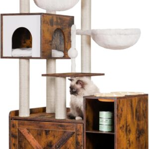 Hey-brother Cat Tree with Litter Box Enclosure, Modern Cat Tower for Indoor Cats with Large Platform, Condo Food Station and 2 Hammocks, All-in-one Cat Furniture, Wood Rustic Brown MPJ115SR