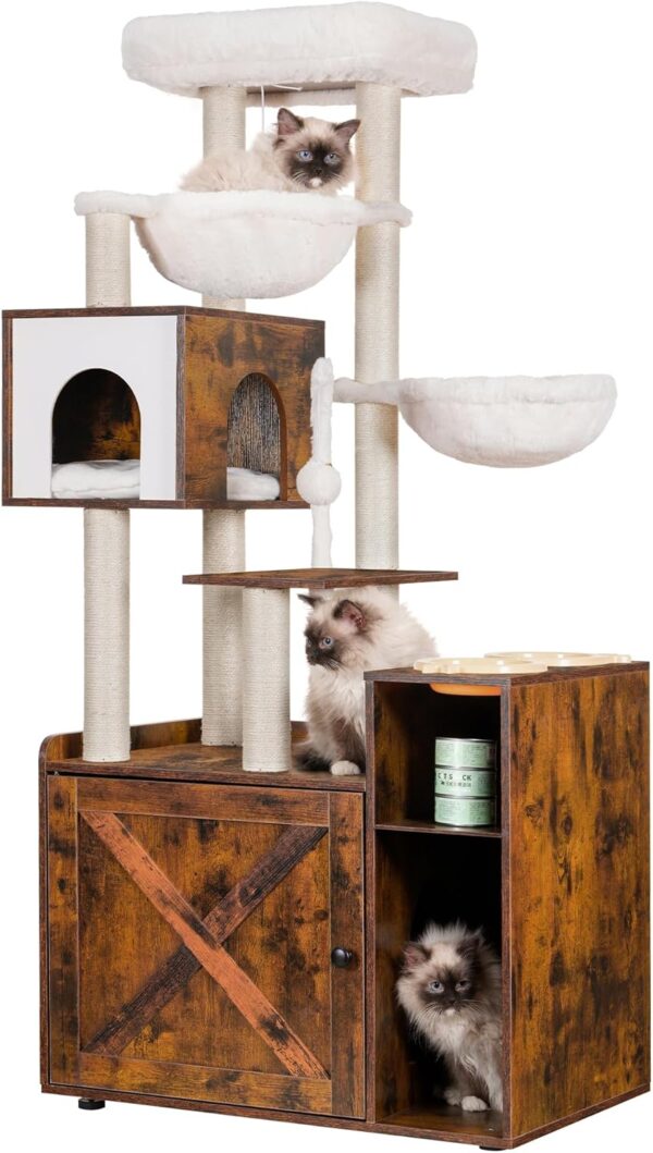 Hey-brother Cat Tree with Litter Box Enclosure, Modern Cat Tower for Indoor Cats with Large Platform, Condo Food Station and 2 Hammocks, All-in-one Cat Furniture, Wood Rustic Brown MPJ115SR