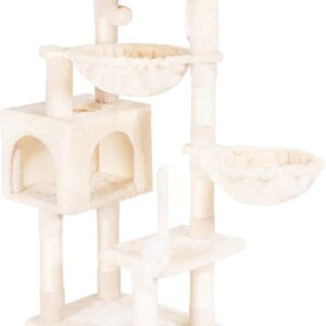 Hey-brother Cat Tree with Toy, Cat Tower for Indoor Cats, Cat House with Large Padded Platform Bed, Cozy Condo, Hammocks and Sisal Scratching Posts, Beige MPJ018M