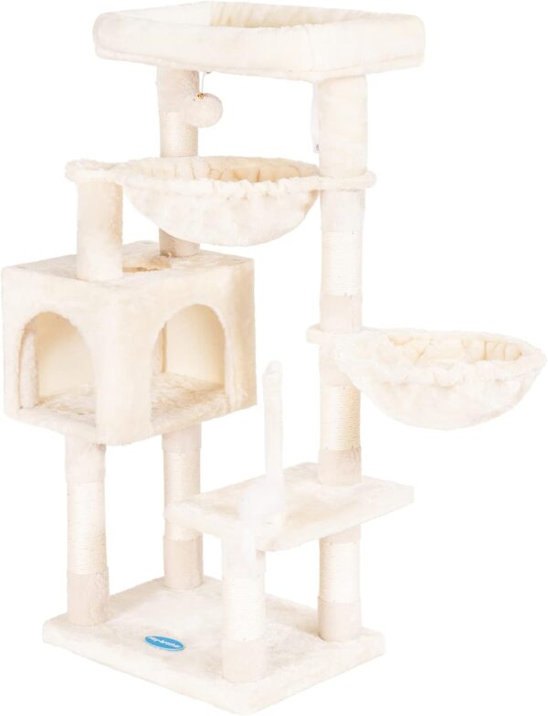 Hey-brother Cat Tree with Toy, Cat Tower for Indoor Cats, Cat House with Large Padded Platform Bed, Cozy Condo, Hammocks and Sisal Scratching Posts, Beige MPJ018M