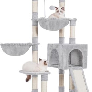 Hey-brother Large Cat Tree, Cat Tower for Indoor Cats, Cat House with Padded Bed, Cozy Condo, Hammocks, Sisal Scratching Posts, Big Scratcher, Light Gray MPJ006-MW