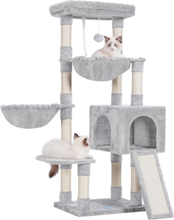 Hey-brother Large Cat Tree, Cat Tower for Indoor Cats, Cat House with Padded Bed, Cozy Condo, Hammocks, Sisal Scratching Posts, Big Scratcher, Light Gray MPJ006-MW