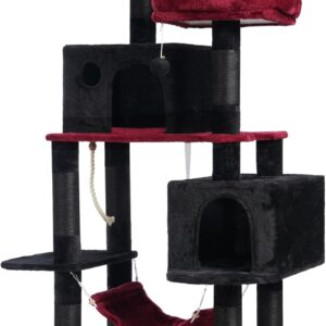 Hey-brother Large Multi-Level Cat Tree Condo Furniture with Sisal-Covered Scratching Posts, 2 Bigger Plush Condos, Perch Hammock for Kittens, Cats and Pets, Black and Red MPJ020BR