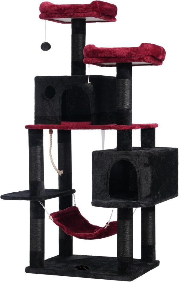 Hey-brother Large Multi-Level Cat Tree Condo Furniture with Sisal-Covered Scratching Posts, 2 Bigger Plush Condos, Perch Hammock for Kittens, Cats and Pets, Black and Red MPJ020BR