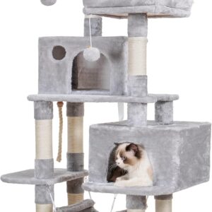 Hey-brother Multi-Level Cat Tree Condo Furniture with Sisal-Covered Scratching Posts, 2 Plush Condos, Perch Hammock for Kittens, Cats and Pets, Light Gray MPJ020-SW