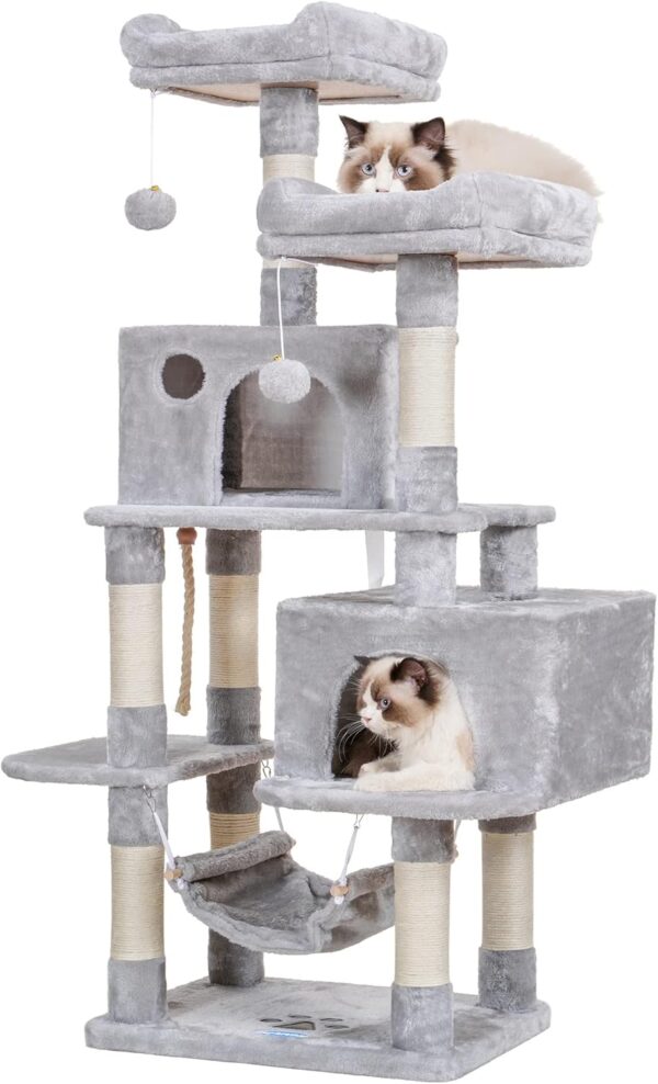 Hey-brother Multi-Level Cat Tree Condo Furniture with Sisal-Covered Scratching Posts, 2 Plush Condos, Perch Hammock for Kittens, Cats and Pets, Light Gray MPJ020-SW