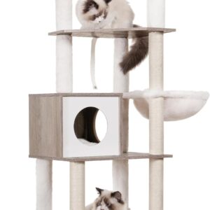 Hey-brother Wooden Cat Tree,55.5“ Cat Furniture with Scratching Posts, Modern Cat Tower with hammocks, Toys, cat condo, Rustic Gray MPJ120-MSG