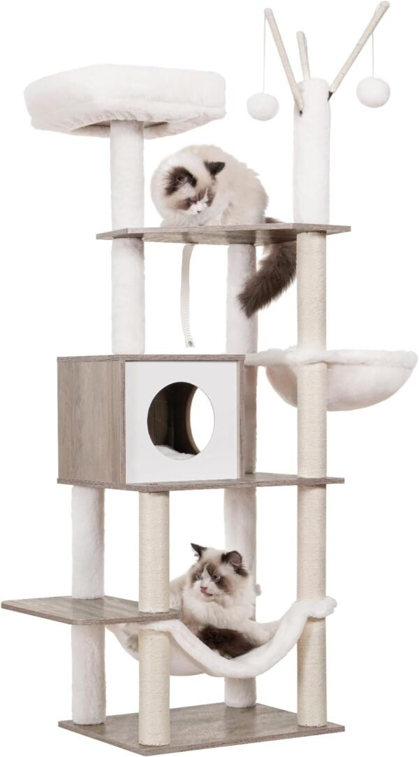 Hey-brother Wooden Cat Tree,55.5“ Cat Furniture with Scratching Posts, Modern Cat Tower with hammocks, Toys, cat condo, Rustic Gray MPJ120-MSG