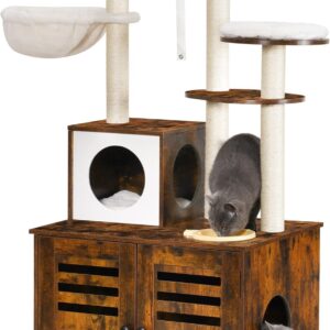 Heybly Cat Tree, Wood Litter Box Enclosure with Food Station, All-in-one Indoor Cat Furniture with Large Platform and Condo, Modern Style Cat Tower, Hammock, Rustic Brown HCT100SR