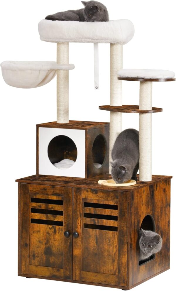 Heybly Cat Tree, Wood Litter Box Enclosure with Food Station, All-in-one Indoor Cat Furniture with Large Platform and Condo, Modern Style Cat Tower, Hammock, Rustic Brown HCT100SR