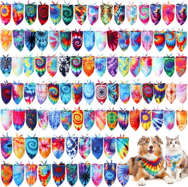 Huhumy 100 Pcs Tie Dye Dog Bandanas Bulk Pet Bandanas Dog Bandanas Bibs Triangle Dog Scarf Colorful Pet Dog Bandanas for Medium Large Dog Birthday Summer Costume Accessories Decoration