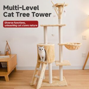 JAMESVAN Cat Tree,54.3 inch Tall Cat Tree Tower with Cat Condo and Hammock,Cat Activity Center Large Cat Tree for Indoor Cats,Funny Multi-Level Cat Tree Tower for Cat,Yellow