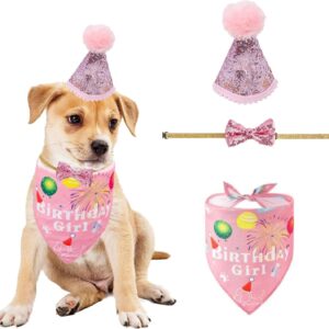 JOEXD Dog Birthday Bandana Set,Cute Dog Birthday Party Hat Cotton Triangle Scarf and Bow Tie,for Cat and Dog Decoration,Pet Happy Birthday Bandana Gift and Party Supplies Decoration Set (Pink)