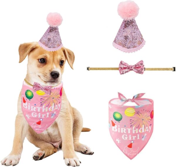 JOEXD Dog Birthday Bandana Set,Cute Dog Birthday Party Hat Cotton Triangle Scarf and Bow Tie,for Cat and Dog Decoration,Pet Happy Birthday Bandana Gift and Party Supplies Decoration Set (Pink)