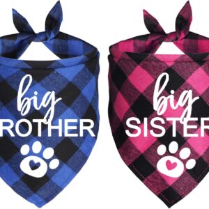 JOTFA Big Brother Big Sister Dog Bandana, Plaid Pregnancy Announcement Dog Bandanas for Dogs (Blue and Pink, Big Brother and Big Sister)