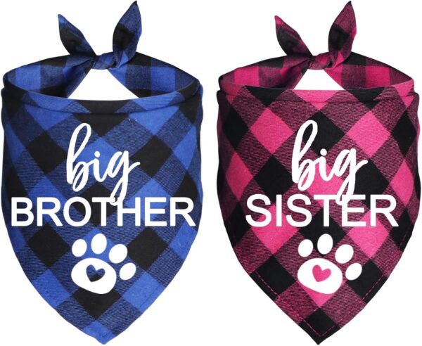 JOTFA Big Brother Big Sister Dog Bandana, Plaid Pregnancy Announcement Dog Bandanas for Dogs (Blue and Pink, Big Brother and Big Sister)