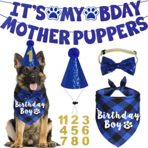 JOTFA Dog Birthday Party Supplies, Multi Sizes Dog Birthday Bandana Boy Dog Birthday Hat Bow Tie Numbers It’s My Bday Mother Puppers Sign Banner for Large Extra Large Dogs Pets (X-Large, Blue)