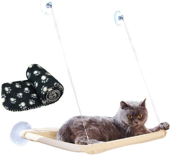 JZK Window mounted cat basking hammock + cat blanket, suction cup pet hanging bed and pet black blanket for cat perch