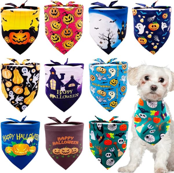 JpGdn 10pcs Halloween Dog Bandanas Kerchief Triangle Bibs Scarves Scarfs Pumpkin Bats Ghost Spider Owls Pattern for Girl Boy Small Medium Puppies Doggie Cat Halloween Grooming Costume