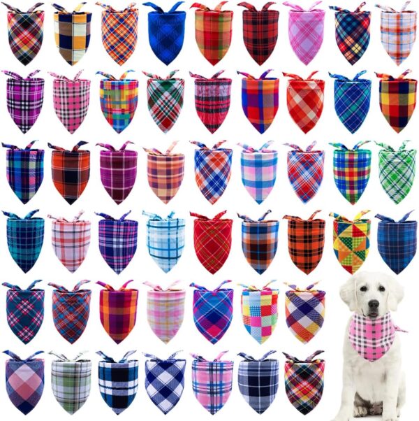 JpGdn 50PCS Large Dog Bandanas Plaid 33Inch Large Breed XL Bulk for Extra Large Dog Big Bandanas Pack Kerchief Washable Triangle Bibs Head Scarves Scarfs for Boys and Girls Grooming Accessories