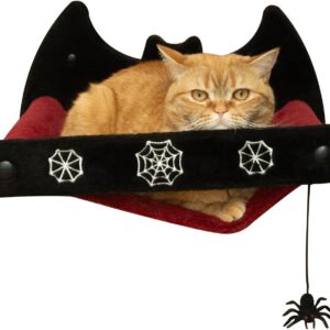 Littlesy Gothic Cat Wall Hammock with Spider Toy - Hanging Gothic Cat Bed - Comfy Cat Hammock for Wall for Black Cats - Cat Wall Perch for Playing and Sleeping - Goth Furniture in Black and Red