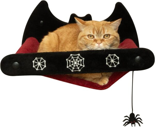 Littlesy Gothic Cat Wall Hammock with Spider Toy - Hanging Gothic Cat Bed - Comfy Cat Hammock for Wall for Black Cats - Cat Wall Perch for Playing and Sleeping - Goth Furniture in Black and Red