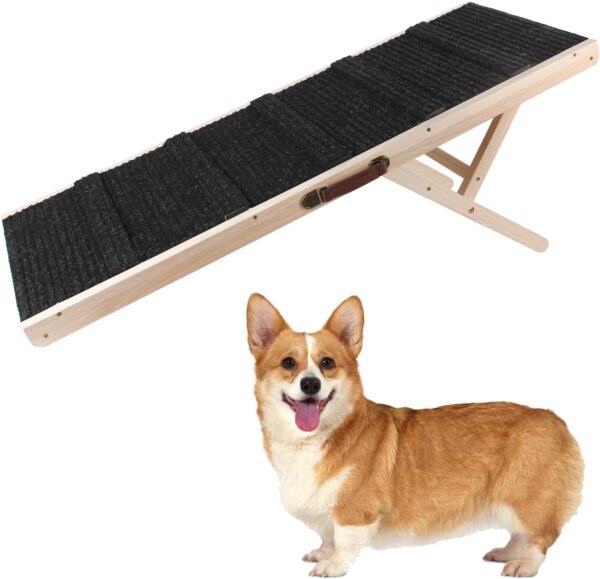 Lynndia Dog Ramp, Wooden Adjustable Pet Ramp for All Dogs and Cats, 38” Long Ramps with 7 Height from 12” to 22”, Non-Slip Folding Dog Car Ramps for SUV, Bed, Couch